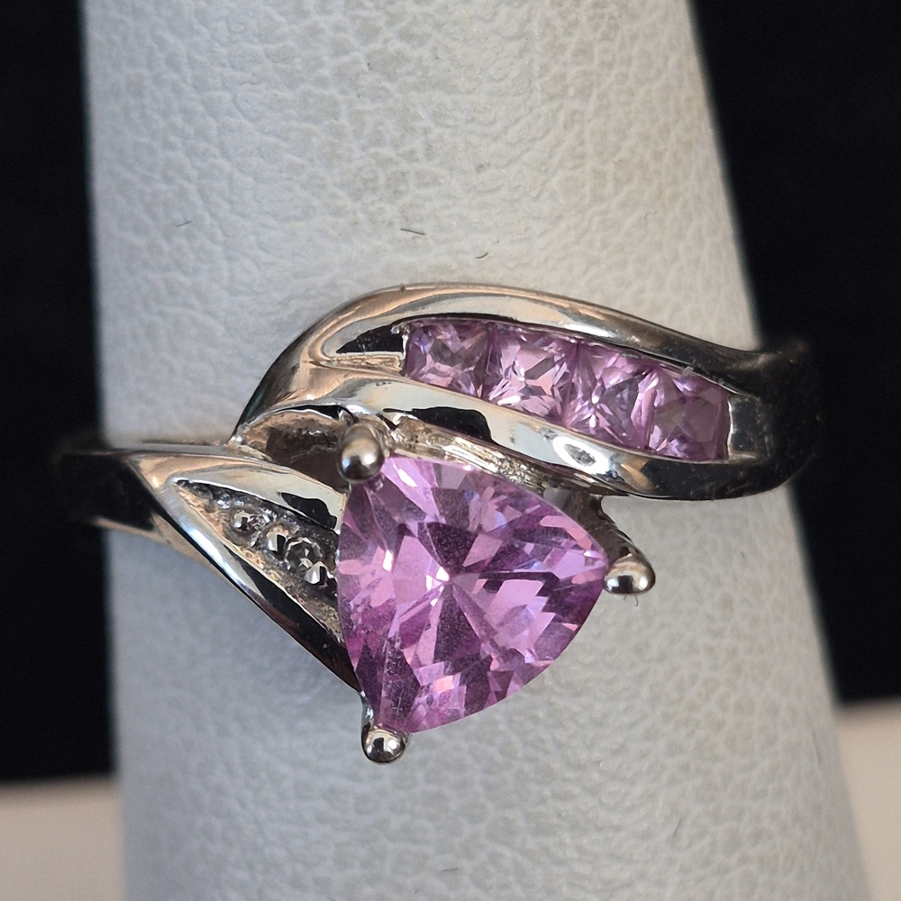 Synthetic Pink Sapphire Trillion Cut Bypass White Gold Size 6 LEER GEM LTD.